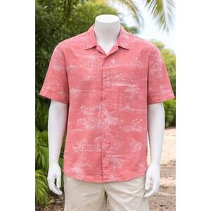 Solitude Men L Hawaiian Shirt Pink Island‎ Print Surfer Tropical Coastal Relaxed